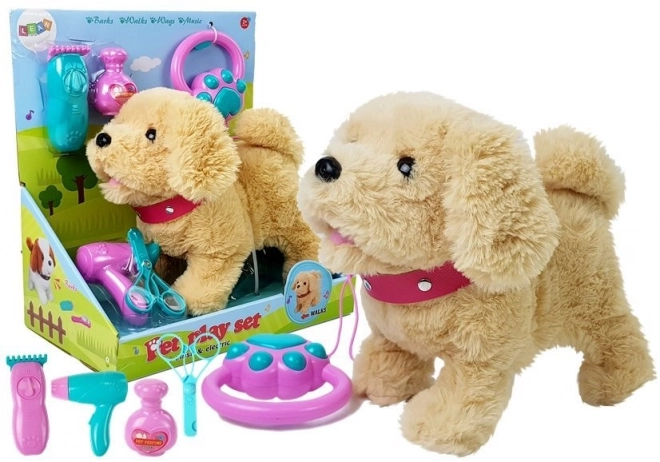 Plüsch-Hund mit Leine und Batteriebetrieb, Creme
