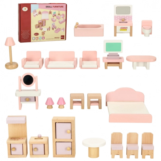 Puppenhausmöbelset für Wohnzimmer, Schlafzimmer, Badezimmer und Küche, aus Holz, rosa