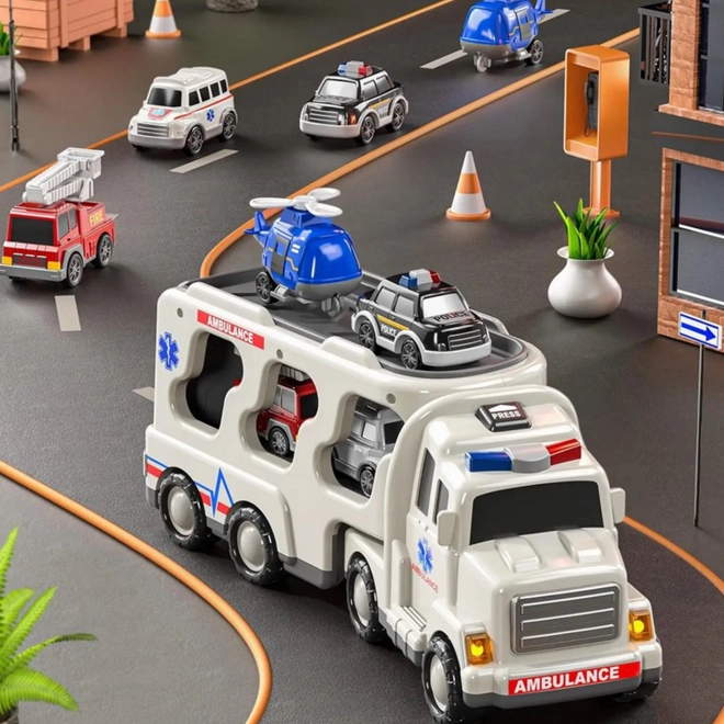 Woopie Rettungsfahrzeugset mit Transporter und 4 Rettungsfahrzeugen