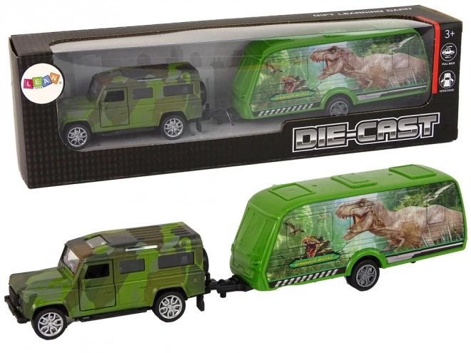 Spielzeugauto Jeep mit Anhänger und Dinosauriern