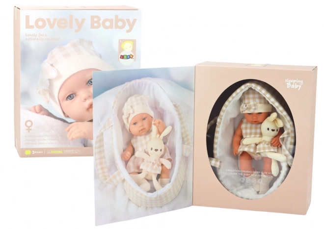 Baby Puppe Mit Tragesitz Häschen Karo Outfit Beige