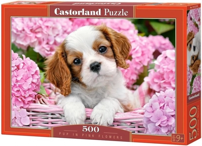 Puzzle 500 Teile Welpe in rosa Blumen