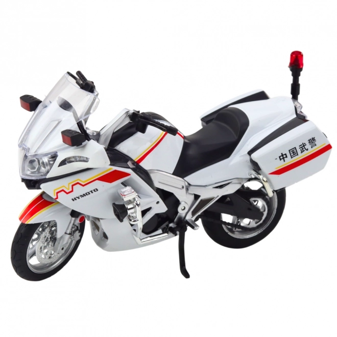Metall Motorrad mit Lichtern und Geräuschen, weiß mit roten und gelben Streifen 1:12
