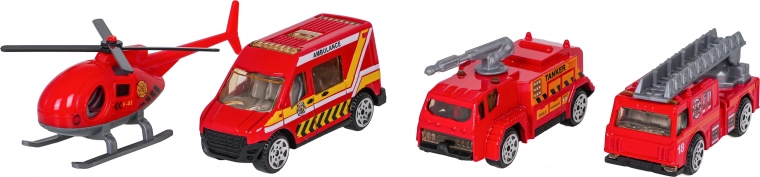 Feuerwehrfahrzeuge aus Metall und Hubschrauber