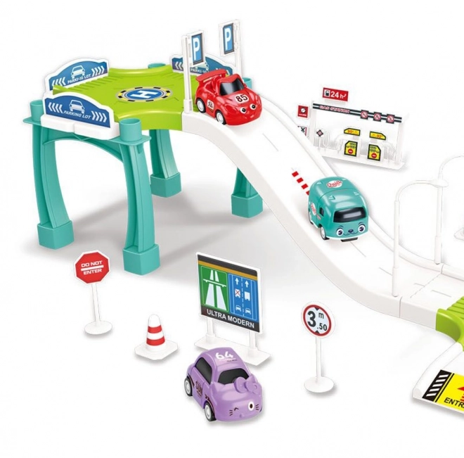 Woopie parkhaus mit tankstelle und spielzeugautos