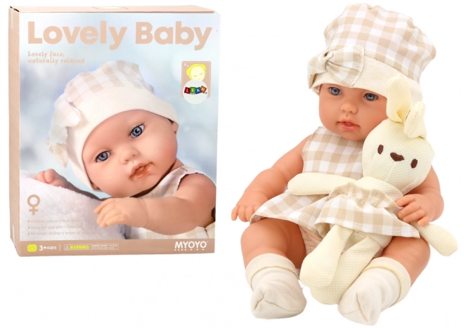 Baby Puppe Mit Tragesitz Häschen Karo Outfit Beige