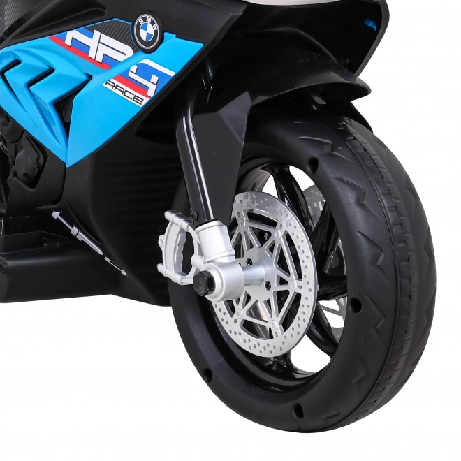 BMW HP4 Kinder Motorrad mit Batterie Blau + 3 Räder + LED + MP3 USB + Öko-Leder