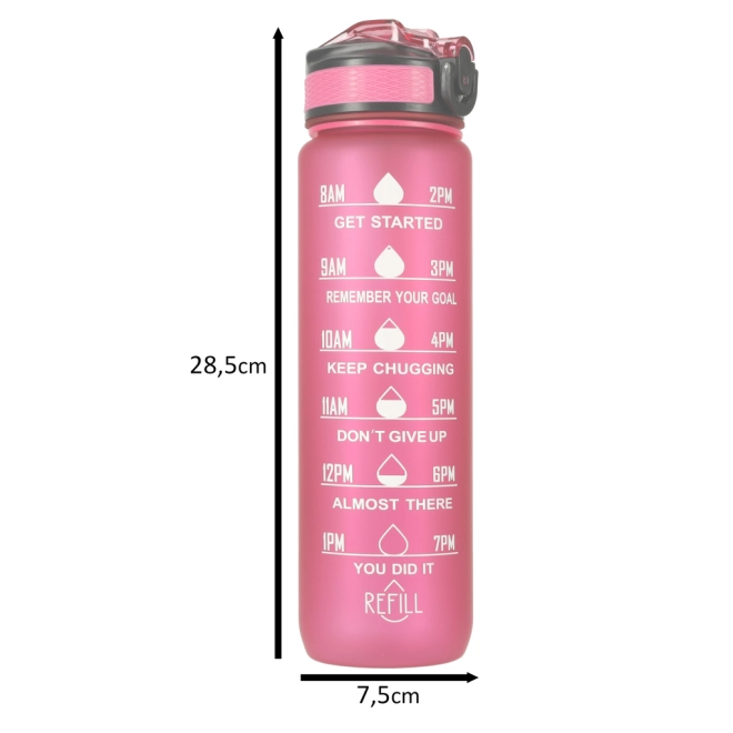 Rosa Wasserflasche mit Trinkhalm und Motivationsmarkierungen 1L