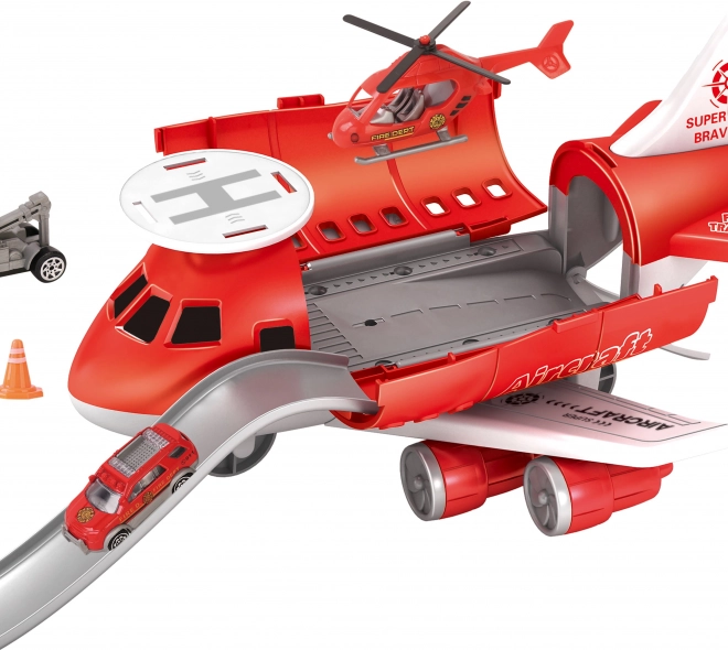 Feuerwehr-Flugzeugstation mit Fahrzeugen und Hubschrauber