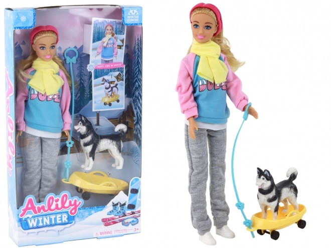 Anlily Puppe mit Husky und Winter Schlitten