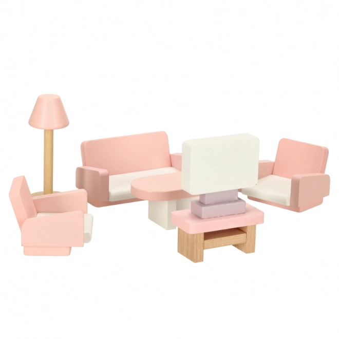 Puppenhausmöbelset für Wohnzimmer, Schlafzimmer, Badezimmer und Küche, aus Holz, rosa