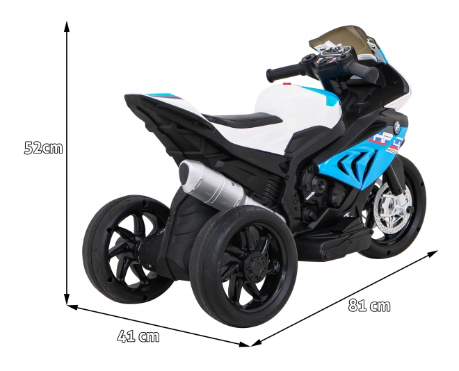 BMW HP4 Kinder Motorrad mit Batterie Blau + 3 Räder + LED + MP3 USB + Öko-Leder