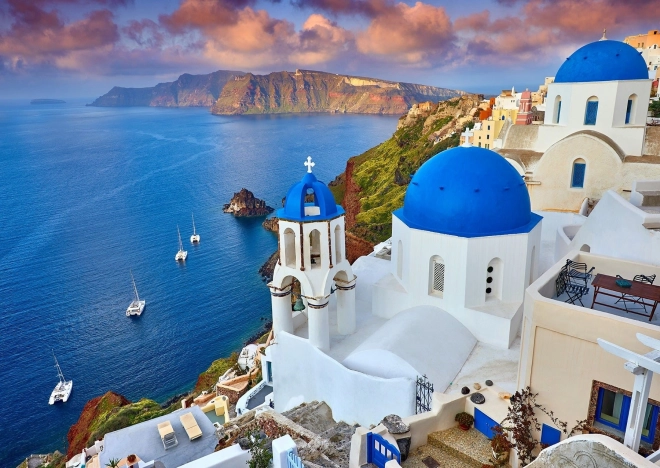 Puzzle - Blick auf Schiffe in Santorini, Griechenland 1000 Teile