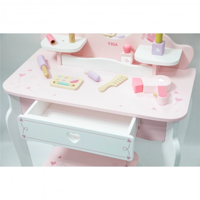 Viga großes Holz-Toilettenmöbel weiß-rosa mit Spiegel und Stuhl
