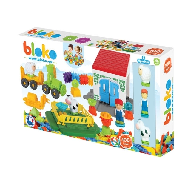 Mochtoys Steckbausteine Pin Bricks Farm im Karton 100 Stk + 3 Figuren