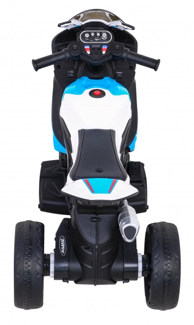 BMW HP4 Kinder Motorrad mit Batterie Blau + 3 Räder + LED + MP3 USB + Öko-Leder