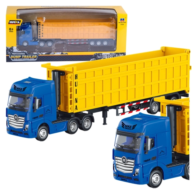 Metallmodell eines LKW mit Volumenanhänger Huina gelb 1:50