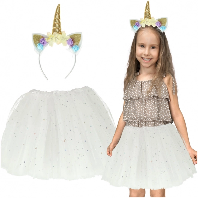 Karnevalskostüm Einhorn mit Stirnband und Tüllrock für Kinder – Weiß