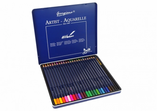 Set mit 24 Aquarellstiften im Metallbehälter