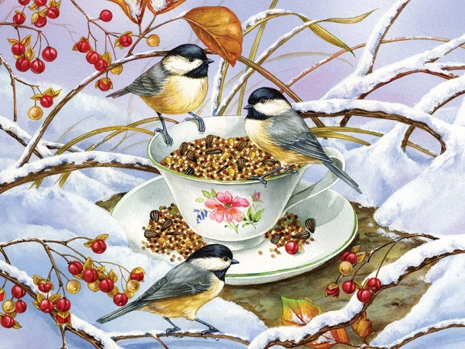 Zauberhaftes Wintermotiv Meisen beim Tee