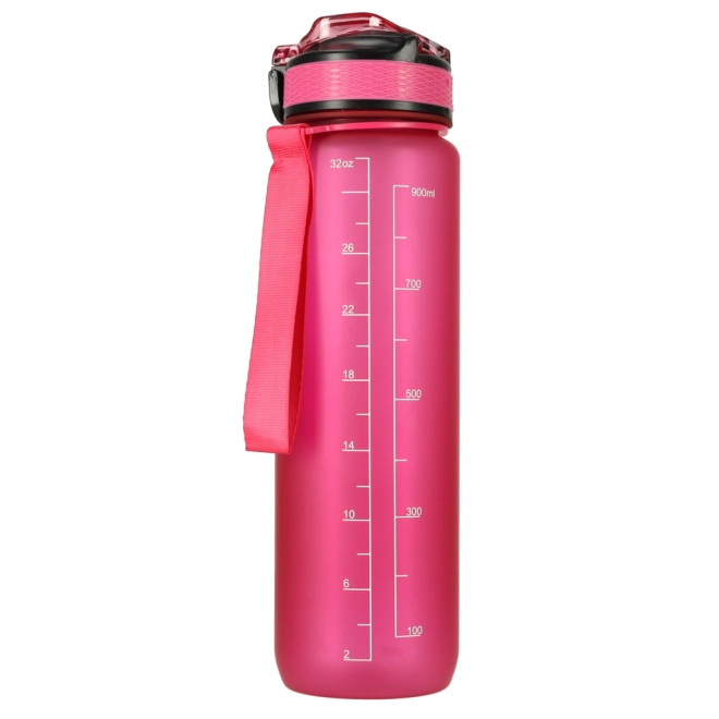 Rosa Wasserflasche mit Trinkhalm und Motivationsmarkierungen 1L