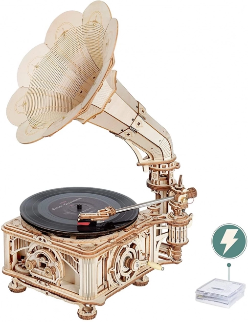 Mechanisches 3D-Holzpuzzle Grammophon mit elektrischem Antrieb von RoboTime