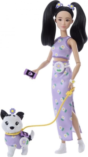 Barbie Doppel-Outfit Blumen – Puppe mit Hündchen und Zubehör
