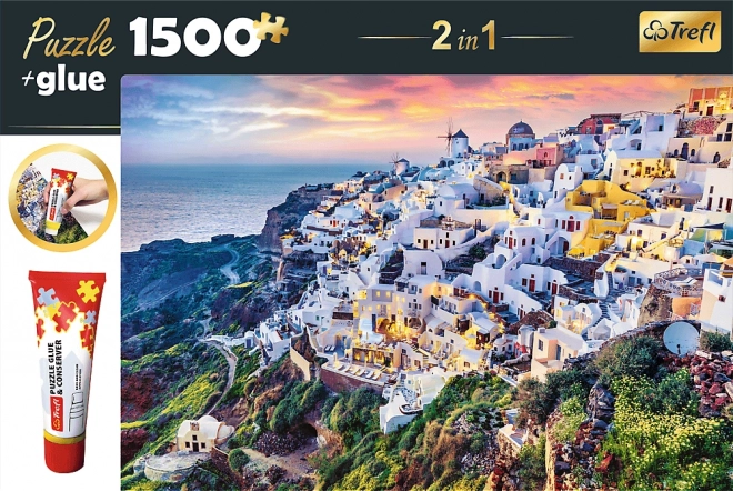 Puzzle-Set 2-in-1 Wunderschöne Insel Santorini, Griechenland 1500 Teile mit Kleber