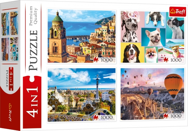 TREFL Puzzle-Set: Amalfi, Hunde-Porträts, Ballons über Kappadokien und Park Güell 4x1000 Teile