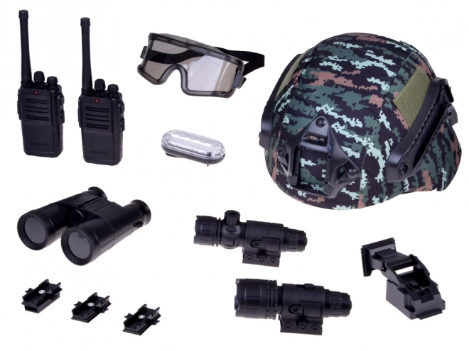 Spielset Soldat mit Helm, Fernglas und Walkie Talkie
