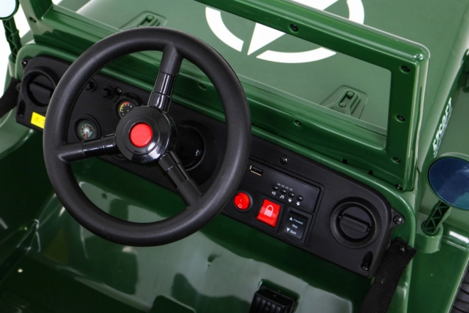 Retro Militärfahrzeug für Kinder grün + Allradantrieb 4x4 + Fernsteuerung + 2 Gepäckträger + langsamer Start + MP3 LED