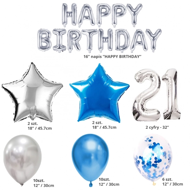 Geburtstag Ballonset zum 21. Geburtstag - Silber und Blau