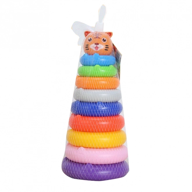 Bunte Stapelpyramide mit Tierstickern und Tiger