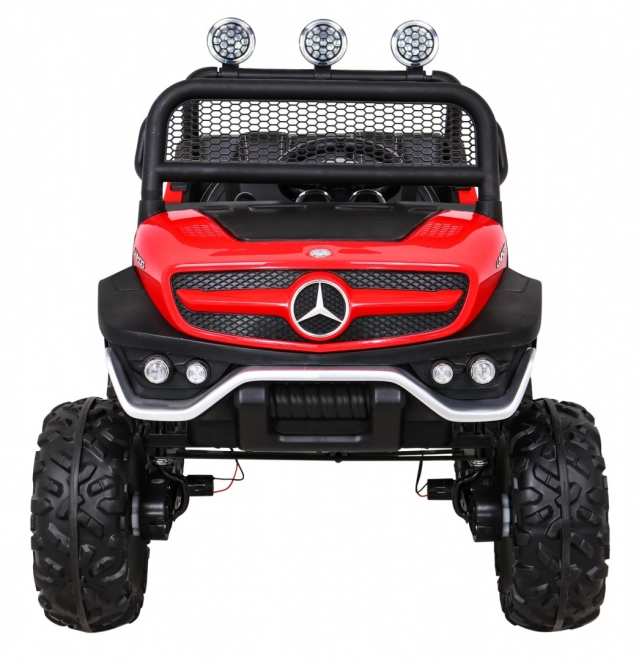 Mercedes Benz Unimog für Kinder Rot + 4x4 + Fernbedienung + Gepäckträger + langsamer Start + MP3 LED