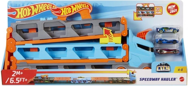 Hot Wheels Renntransporter 2-in-1 mit 1,8 m Strecke und Stauraum für 20 Autos