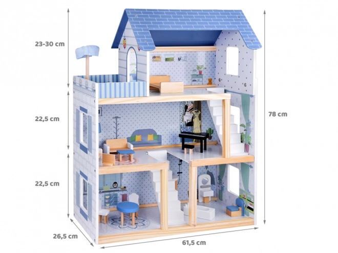 Holzpuppenhaus Blau Mit 3 Etagen Und Möbeln