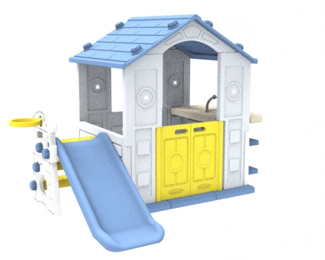 Haus mit Rutsche und Spülbecken blaue Dach
