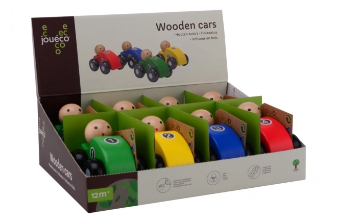 Holzrennwagen in vier Farben