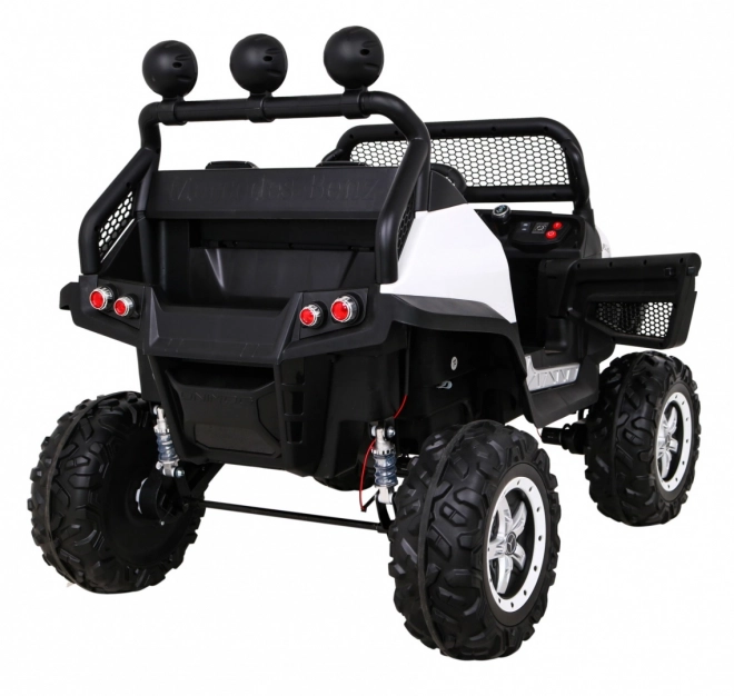 Mercedes Benz Unimog für Kinder Weiß + Antrieb 4x4 + Fernbedienung + Gepäckträger + langsamer Start + MP3 LED
