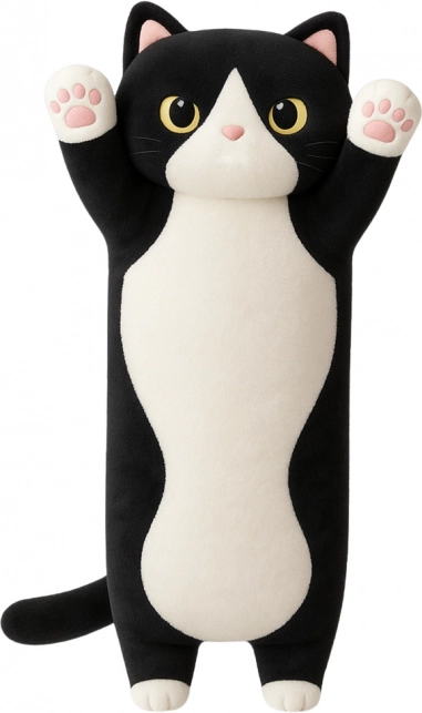 Längliche Plüschkatze Kissen schwarz-weiß 70 cm