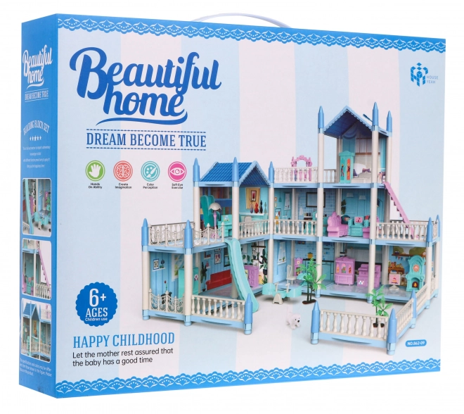 3-stöckiges Puppenhaus – Geschenk für Mädchen 6+ – Blaue Villa mit Ausstattung