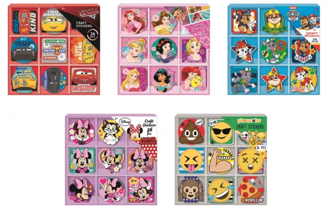 Sticker-Set in Box - Cars, Prinzessinnen, Paw Patrol, Minnie und Emojis