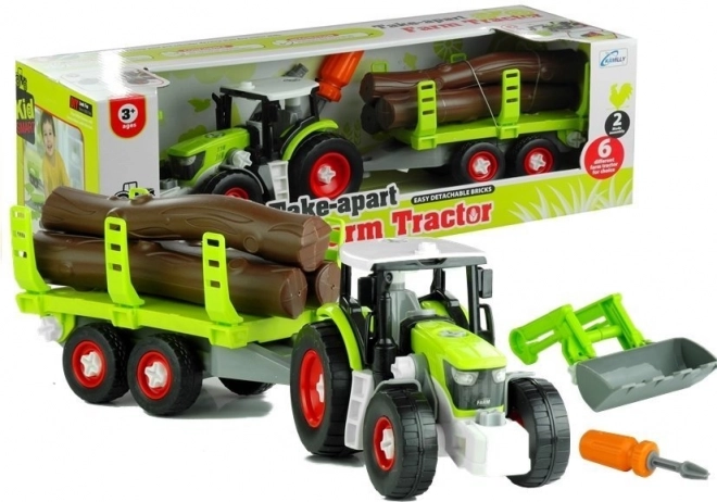 Traktor zum Zerlegen mit Anhänger und Holz