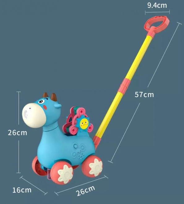 Blaue schiebespielzeug Kuh mit Klängen und Seifenblasen