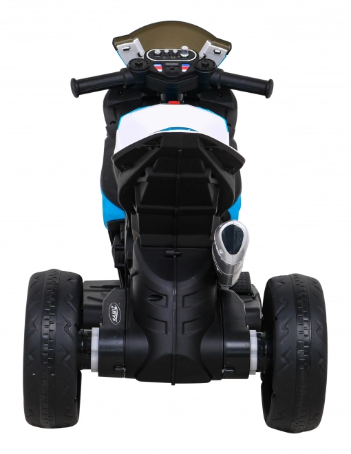BMW HP4 Kinder Motorrad mit Batterie Blau + 3 Räder + LED + MP3 USB + Öko-Leder