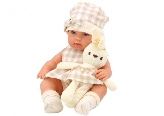 Baby Puppe Mit Tragesitz Häschen Karo Outfit Beige