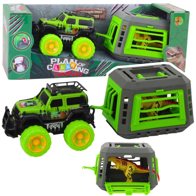 Geländewagen mit Käfig und Dinosaurier T-Rex