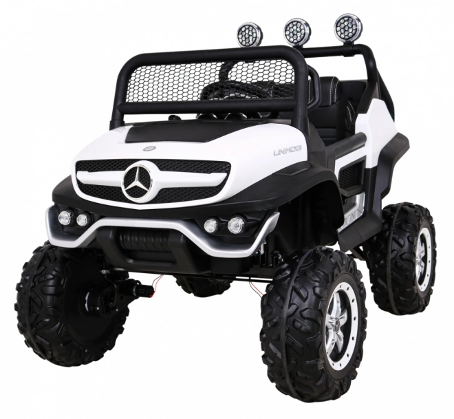 Mercedes Benz Unimog für Kinder Weiß + Antrieb 4x4 + Fernbedienung + Gepäckträger + langsamer Start + MP3 LED