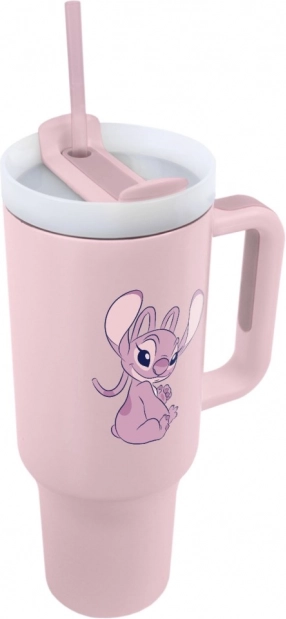 Reisebecher Lilo und Stitch mit rosa Strohhalm
