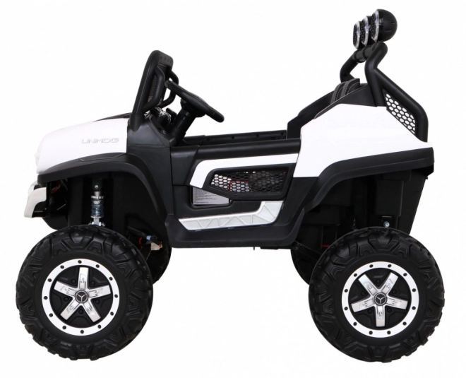 Mercedes Benz Unimog für Kinder Weiß + Antrieb 4x4 + Fernbedienung + Gepäckträger + langsamer Start + MP3 LED